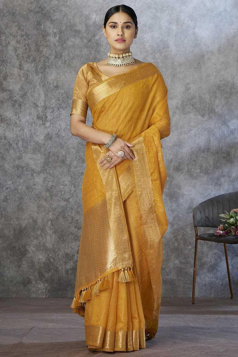 Mustard Pure Khadi Cotton Handloom Saree with Rich Pallu & Tassel Detailing | Designer Traditional Saree - House of ViDi