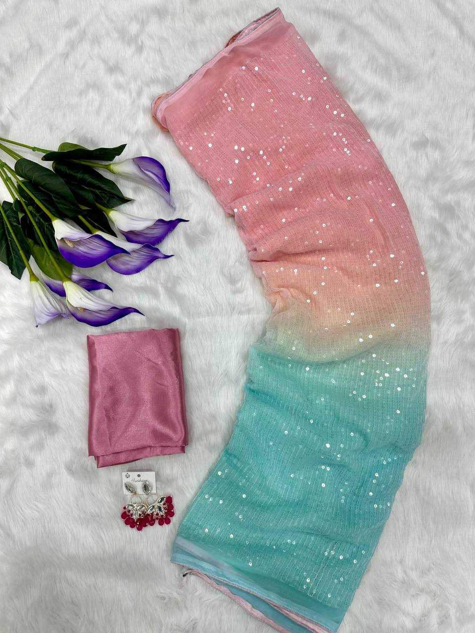 Pastel Mint Green Digital Printed Georgette Sequin Work Saree with Satin Silk Blouse