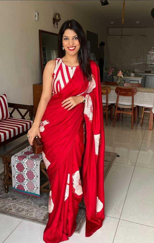 Red Ajrakh Inspired Semi Gajji Silk Party Wear Saree with Printed Border & Rich Pallu - House of ViDi