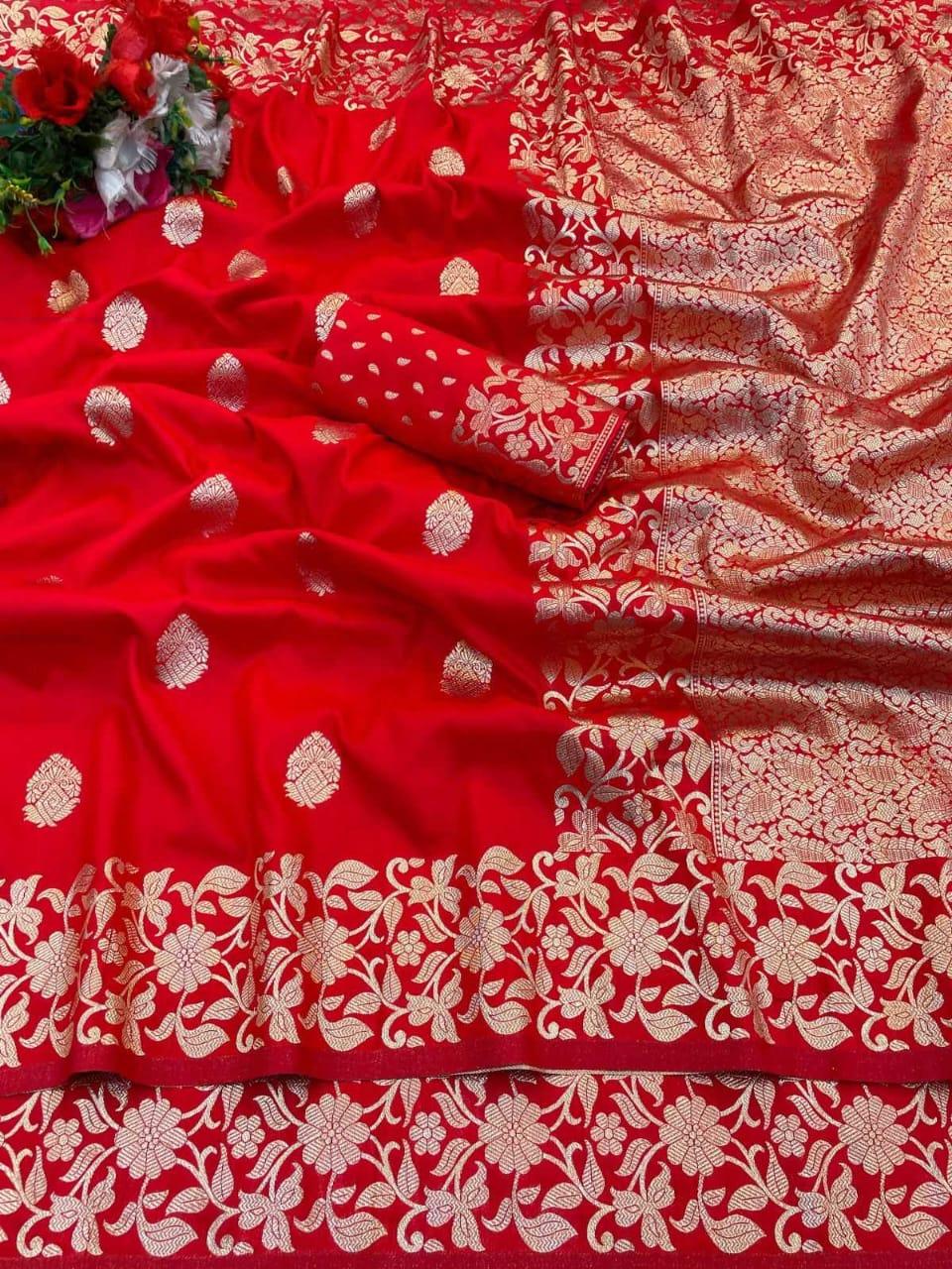 Red Soft Silk Saree with Rich Pallu & All-Over Butta | Pure Katan Look | Traditional Designer Silk Saree - House of ViDi