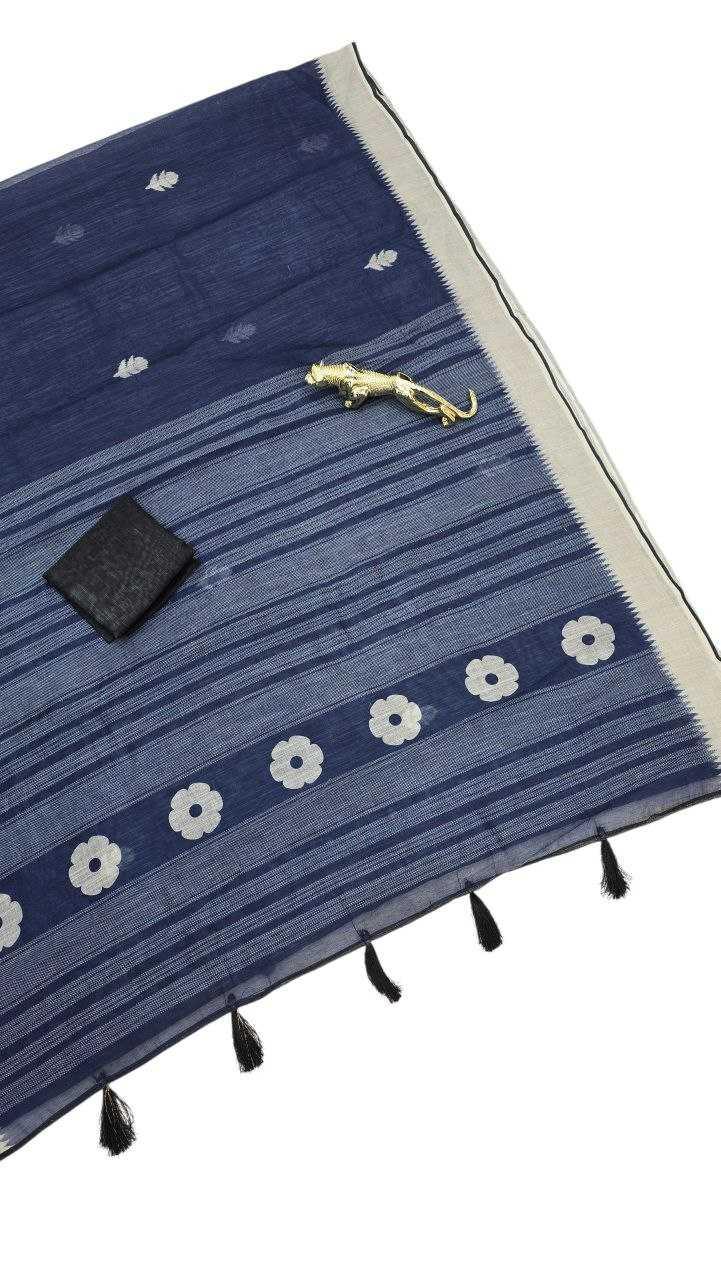Navy Blue Premium Linen Cotton Digital Print Saree with Matching Blouse - House of ViDi