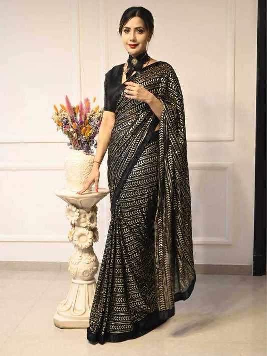 Black Georgette Sequin Saree with Banglori Satin Blouse – Glamorous Party & Evening Wear - House of ViDi