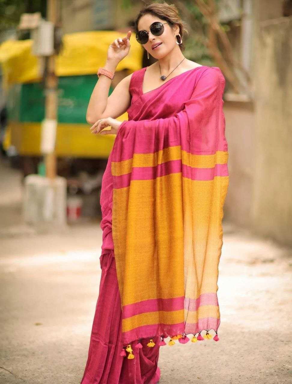 Rani Pink Pure Khadi Cotton Handloom Contrast Saree with Blouse | Modern Casual & Party Wear Saree - House of ViDi