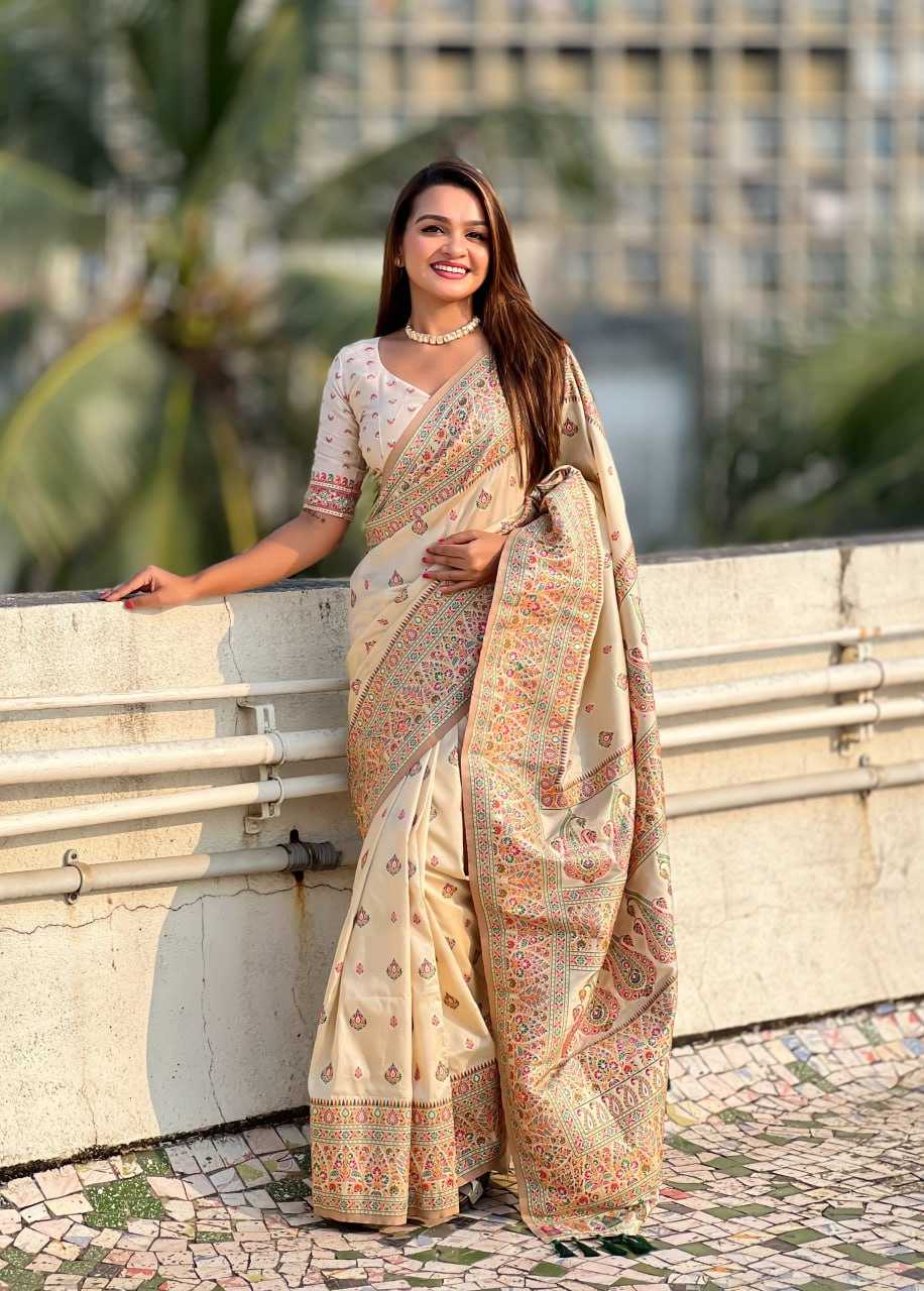 Luxury Pashmina Silk Saree with Golden Zari Work - Traditional Indian Wedding Saree with Unstitched Blouse Piece [White] - House of ViDi