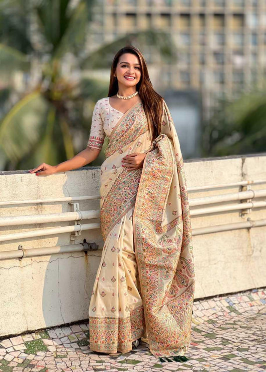 Luxury Pashmina Silk Saree with Golden Zari Work - Traditional Indian Wedding Saree with Unstitched Blouse Piece [White] - House of ViDi