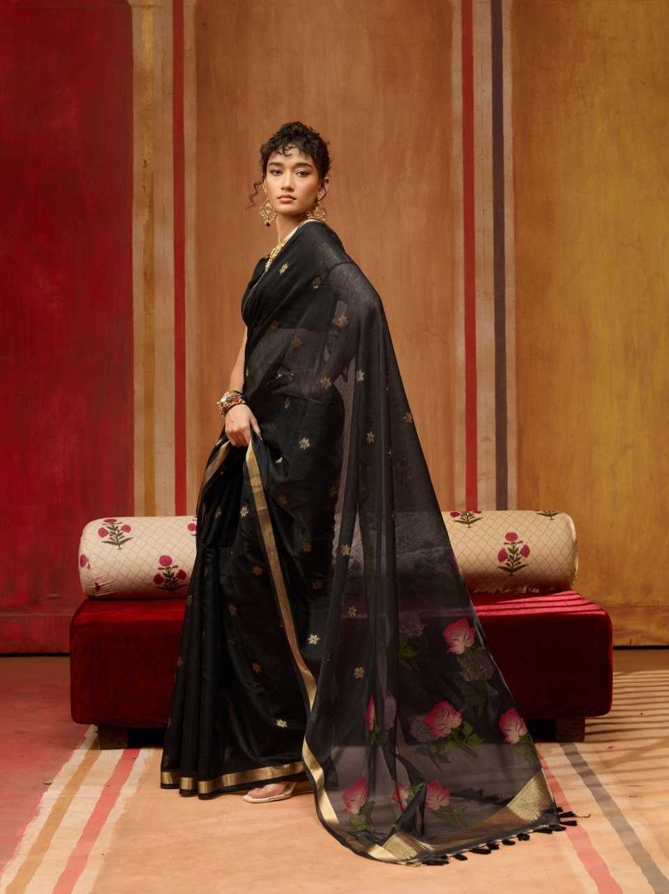 Black Handloom Silk Saree with Organza Pallu & Woven Design - House of ViDi