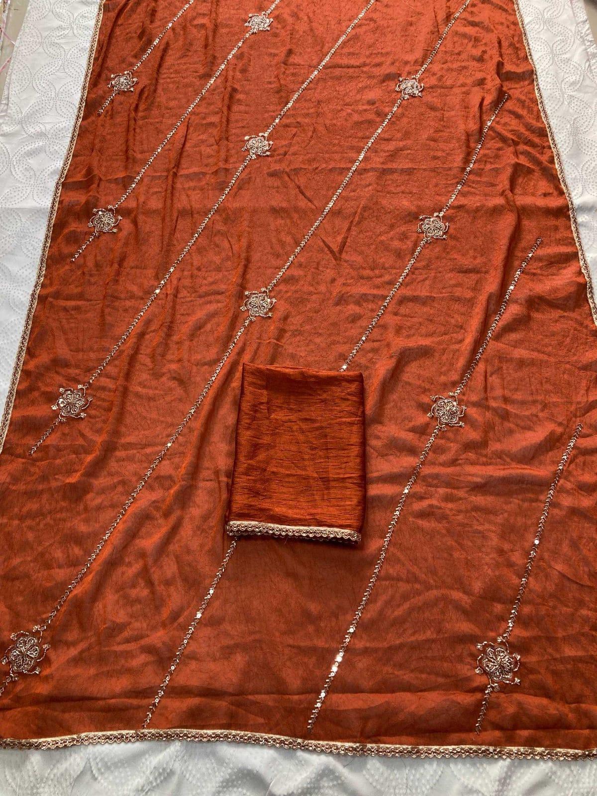 Coffee Brown Crush Silk Saree with Beads Embroidery - House of ViDi