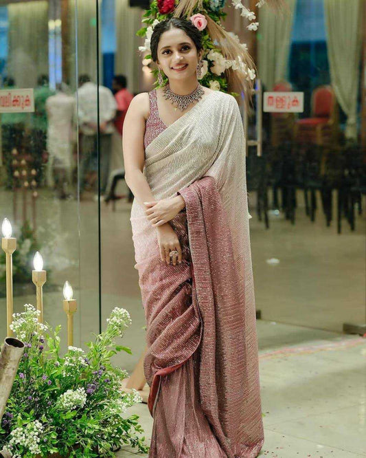 Rose Gold Georgette Sequin Embroidered Saree – Designer Party Wear Saree with Heavy Mono Banglori Blouse