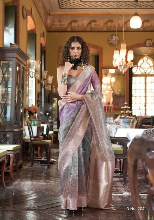 Gray Banarasi Weave Organza Saree with Digital Print – Designer Fancy Silk Saree for Weddings & Parties
