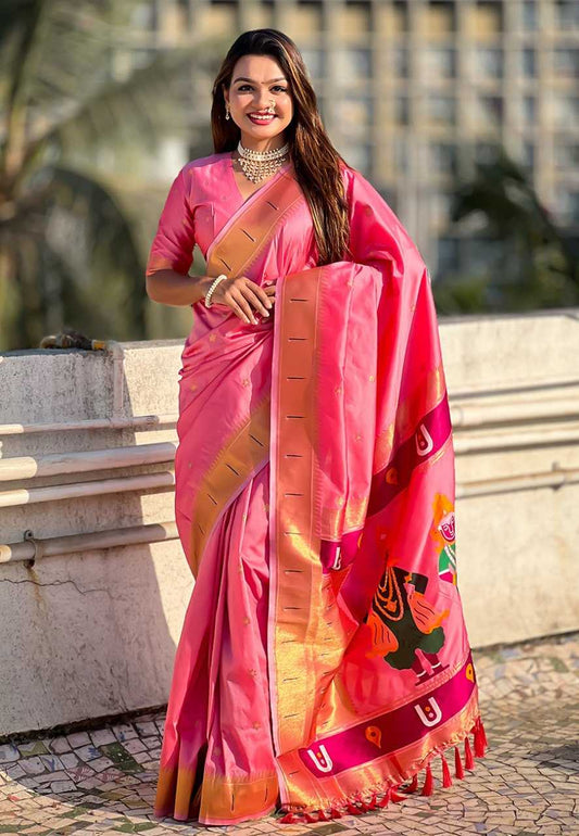 Vitthala Paithani Silk Saree with Muniya Border & Brocade Blouse – Traditional Wedding & Festive Wear [Rani Pink] - House of ViDi