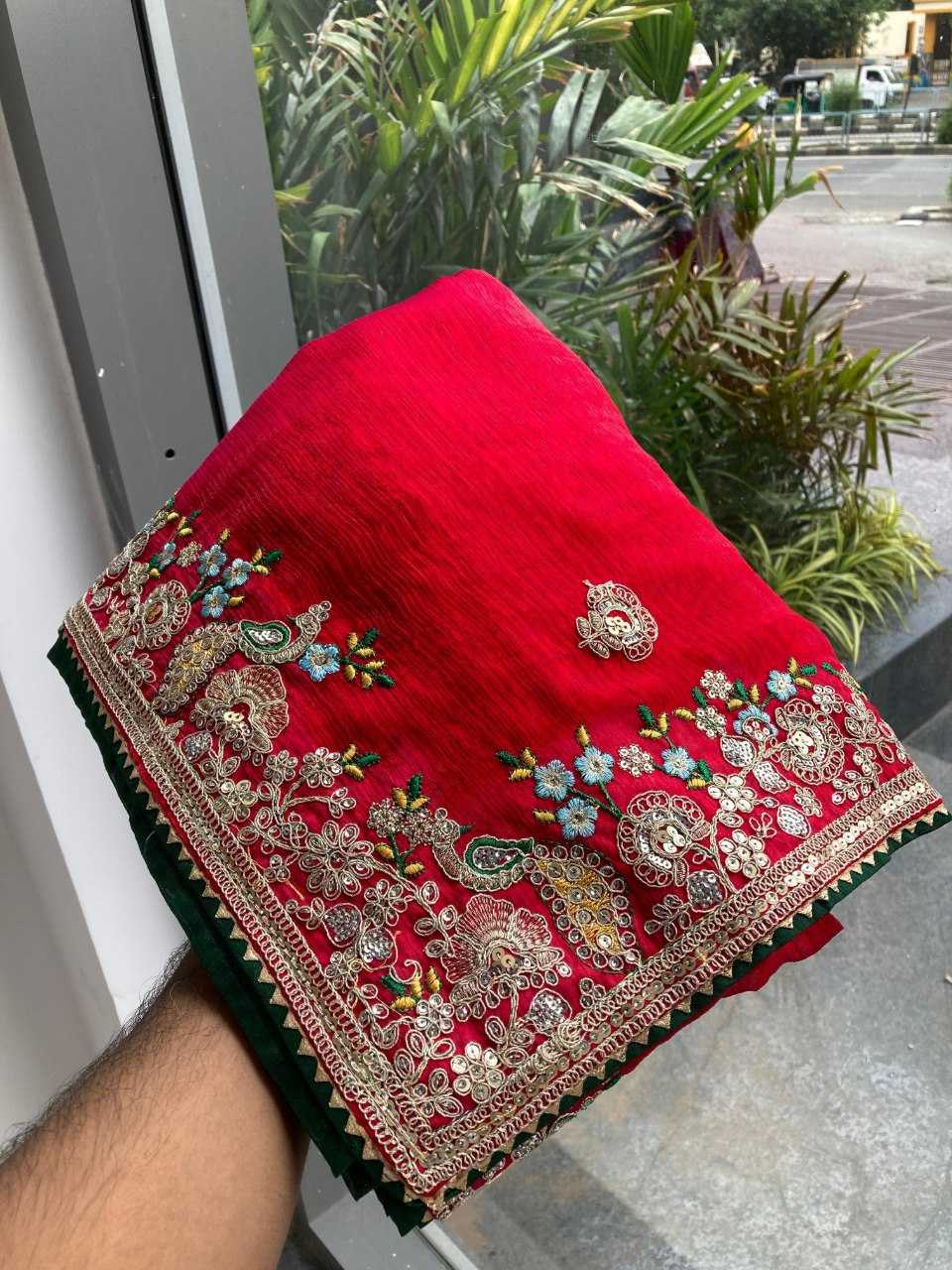 Premium Pink Fendy Chiffon Silk Saree with Heavy Embroidery & Mono Banglory Blouse – Perfect Wedding & Festive Wear