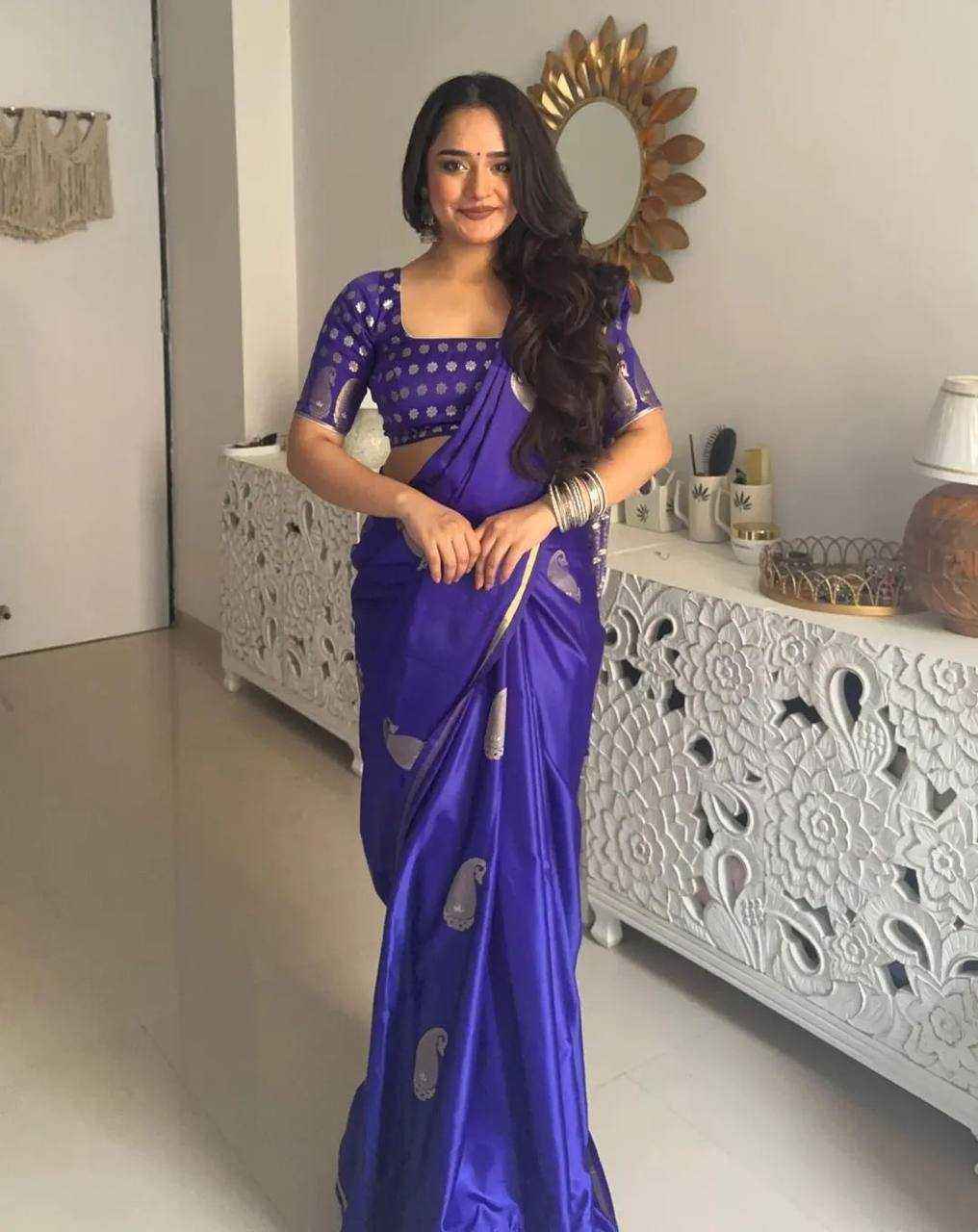 Royal Blue Katan Silk Saree with Silver Weaving & Brocade Blouse