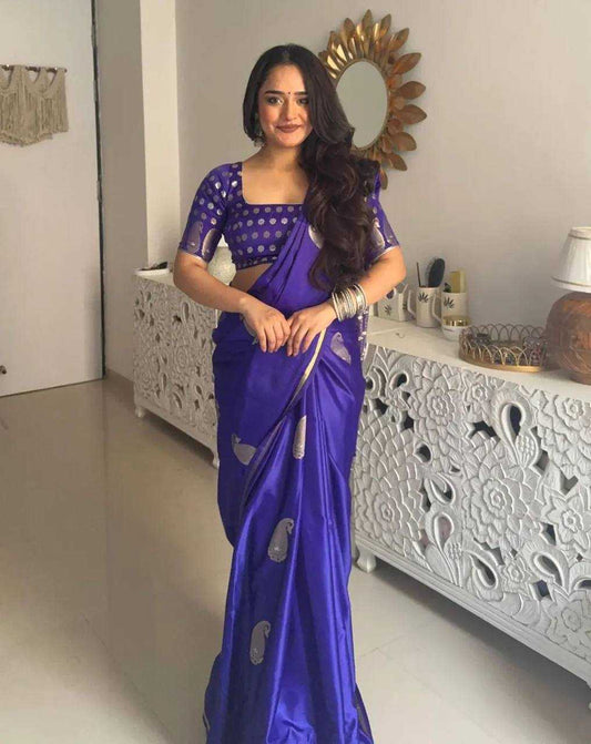 Royal Blue Katan Silk Saree with Silver Weaving & Brocade Blouse