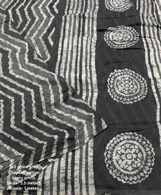 Grey Chanderi Cotton Bagru Batik Printed Saree with Zig Zag Motifs & Tassel Pallu | House of ViDi