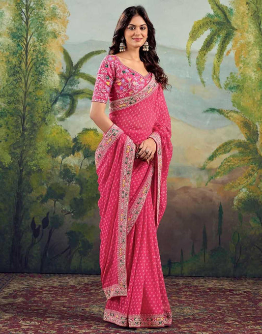 Rani Printed Georgette Saree with Embroidery Lace Border & Designer Blouse - House of ViDi