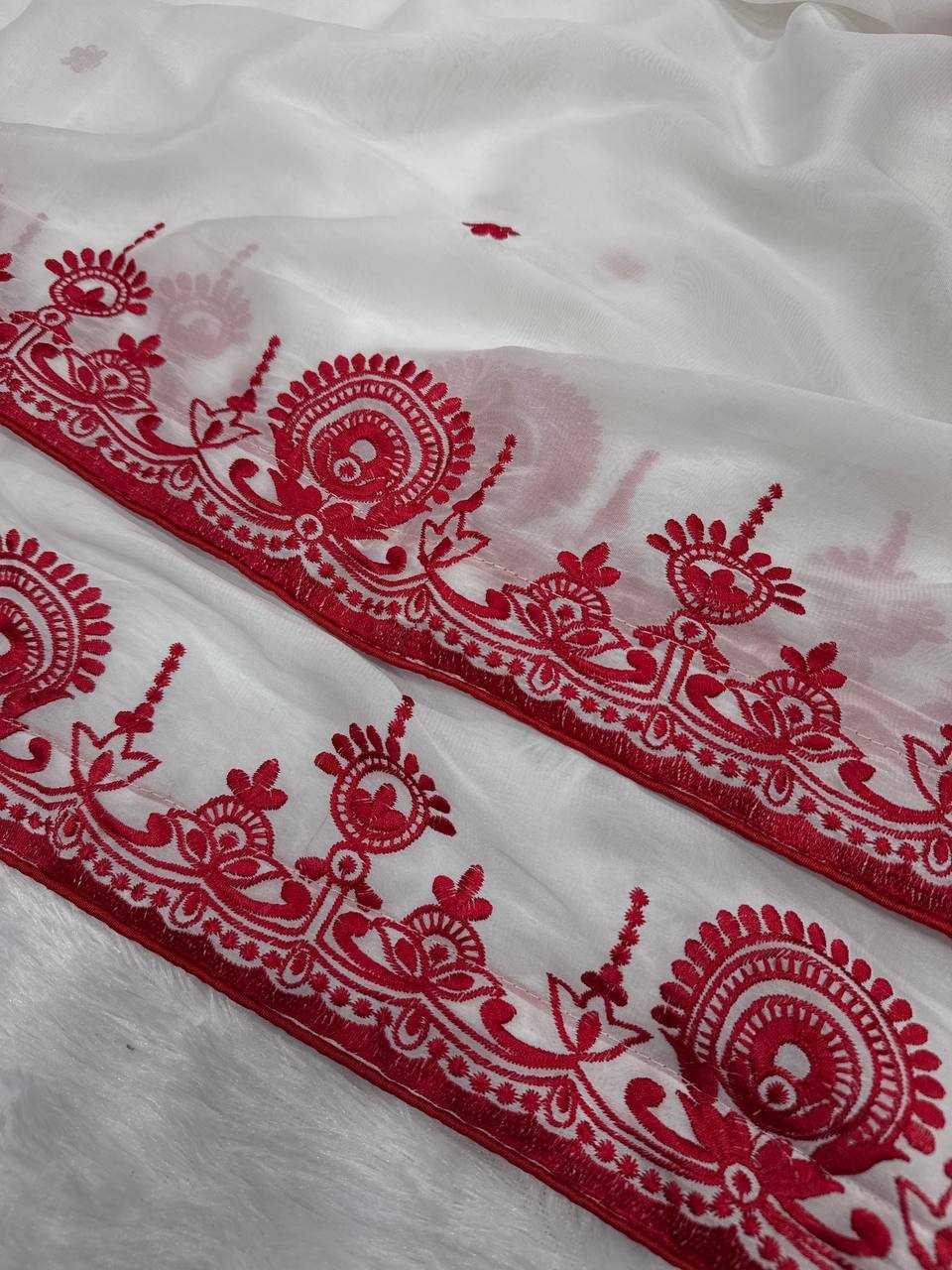 Elegant White & Red Embroidered Rangoli Silk Saree with Designer Mono Banglori Blouse - House of ViDi