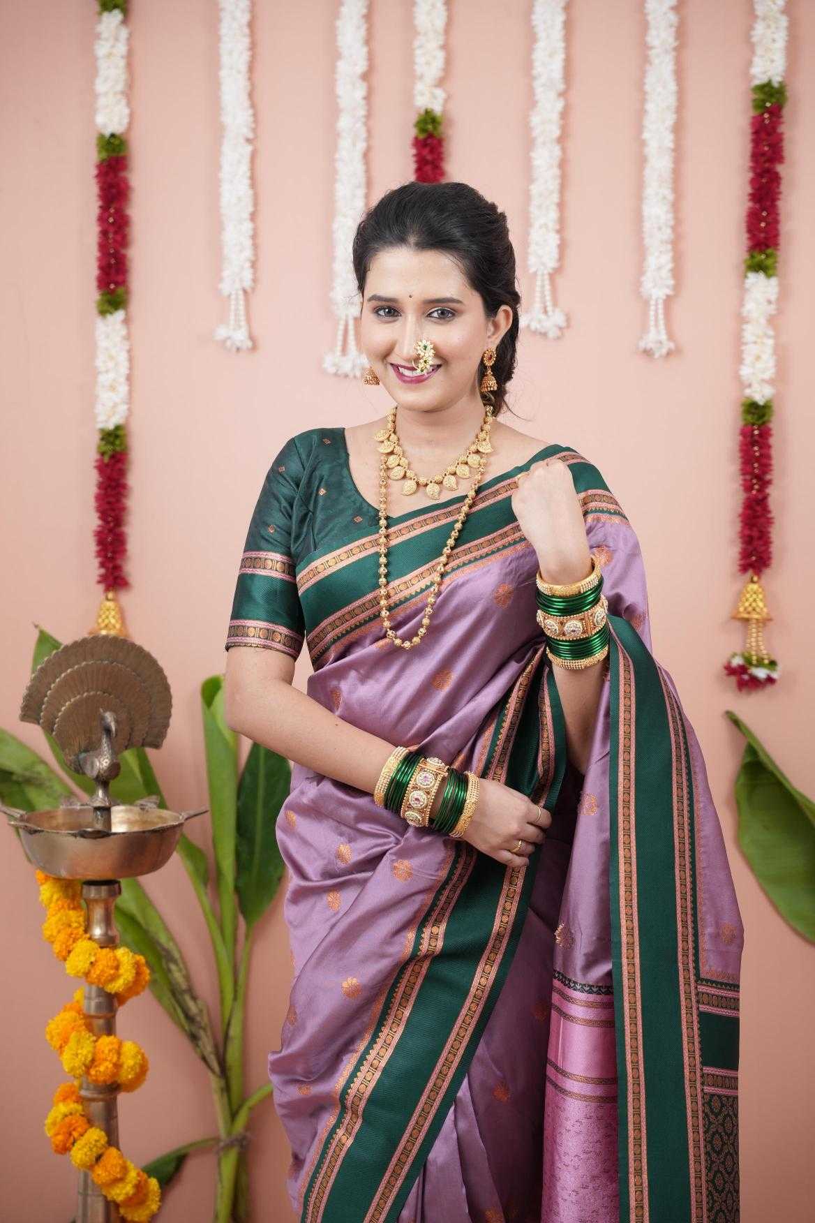 Narayanpet Soft Silk Saree with Zari Motifs & Contrast Pallu – Narayan Border & Contrast Blouse [Onion] - House of ViDi