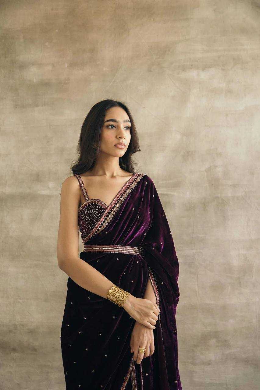 Wine Velvet Saree with Sequins, Dori & Thread Work + Velvet Blouse & Belt | Party Wear Saree | House of ViDi