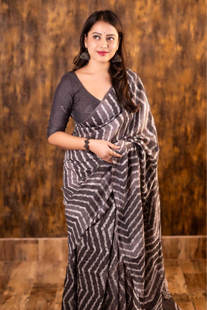 Grey Chanderi Cotton Bagru Batik Printed Saree with Zig Zag Motifs & Tassel Pallu | House of ViDi