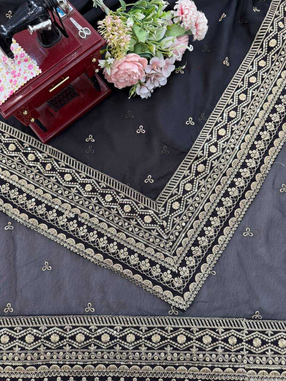 Black Designer Tabby Silk Saree with Sequins & Thread Work | Unstitched Blouse | House of ViDi