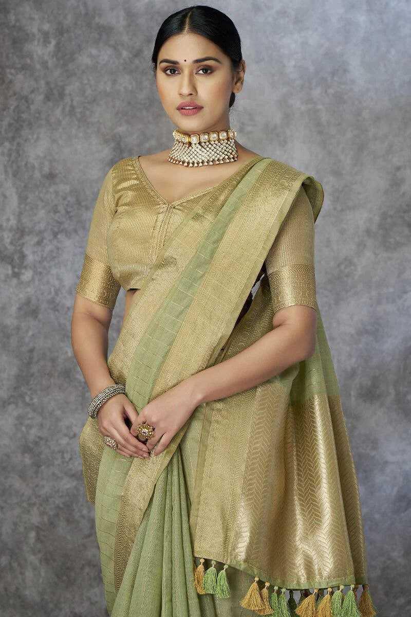 Pista Pure Khadi Cotton Handloom Saree with Rich Pallu & Tassel Detailing | Designer Traditional Saree - House of ViDi