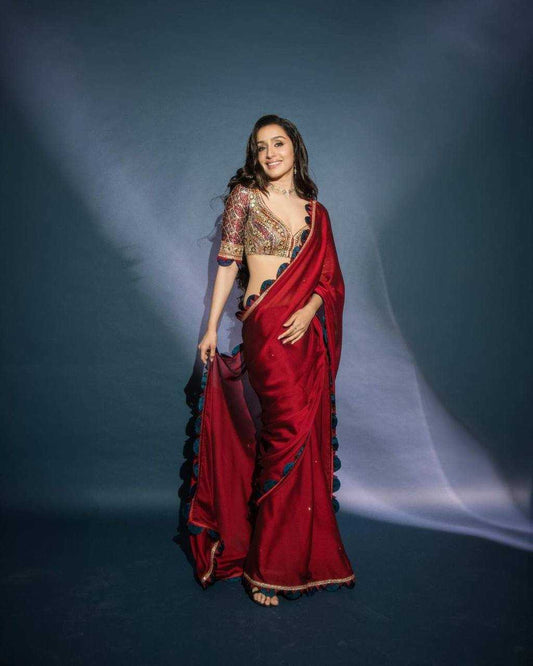 Shraddha Kapoor Inspired Red Rangoli Silk Saree | Plain Cutwork Saree with Pearl Moti Detailing