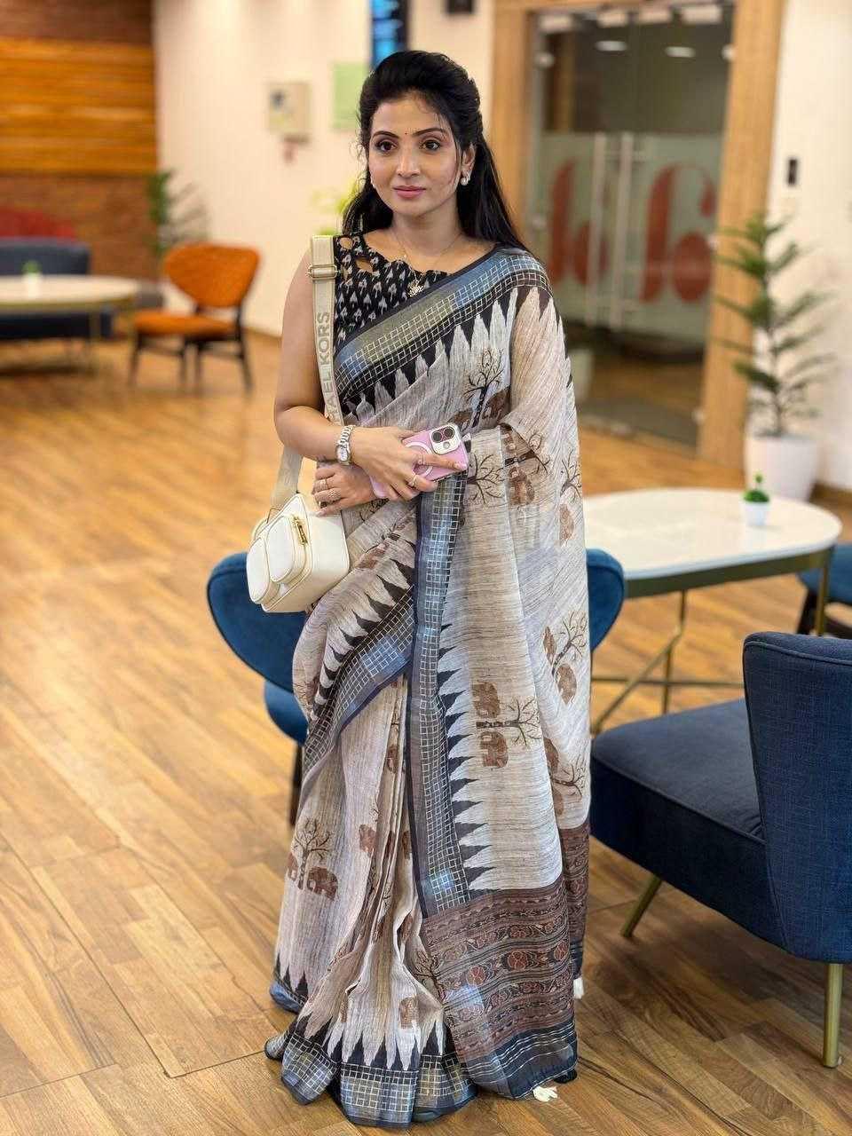 Grey Soft Linen Jari Border Saree with Digital Print & Matching Blouse - House of ViDi