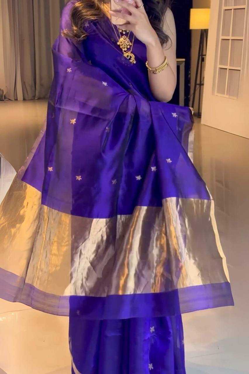 Soft Lichi Silk Saree with Full Jacquard Weaving & Opulent Pallu – Contrast Blouse with Jacquard Border - House of ViDi