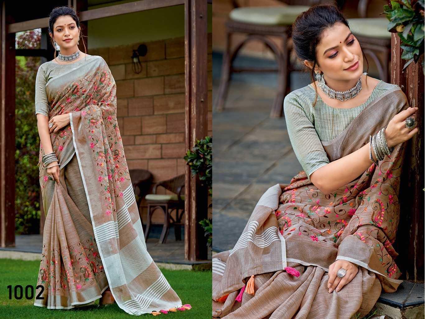 Purple Linen Saree with Kashmiri Embroidery & Matching Blouse | Designer Party Wear Saree - House of ViDi