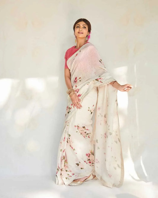 Shilpa Shetty Inspired Floral Linen Cotton Saree [Snow White] - House of ViDi