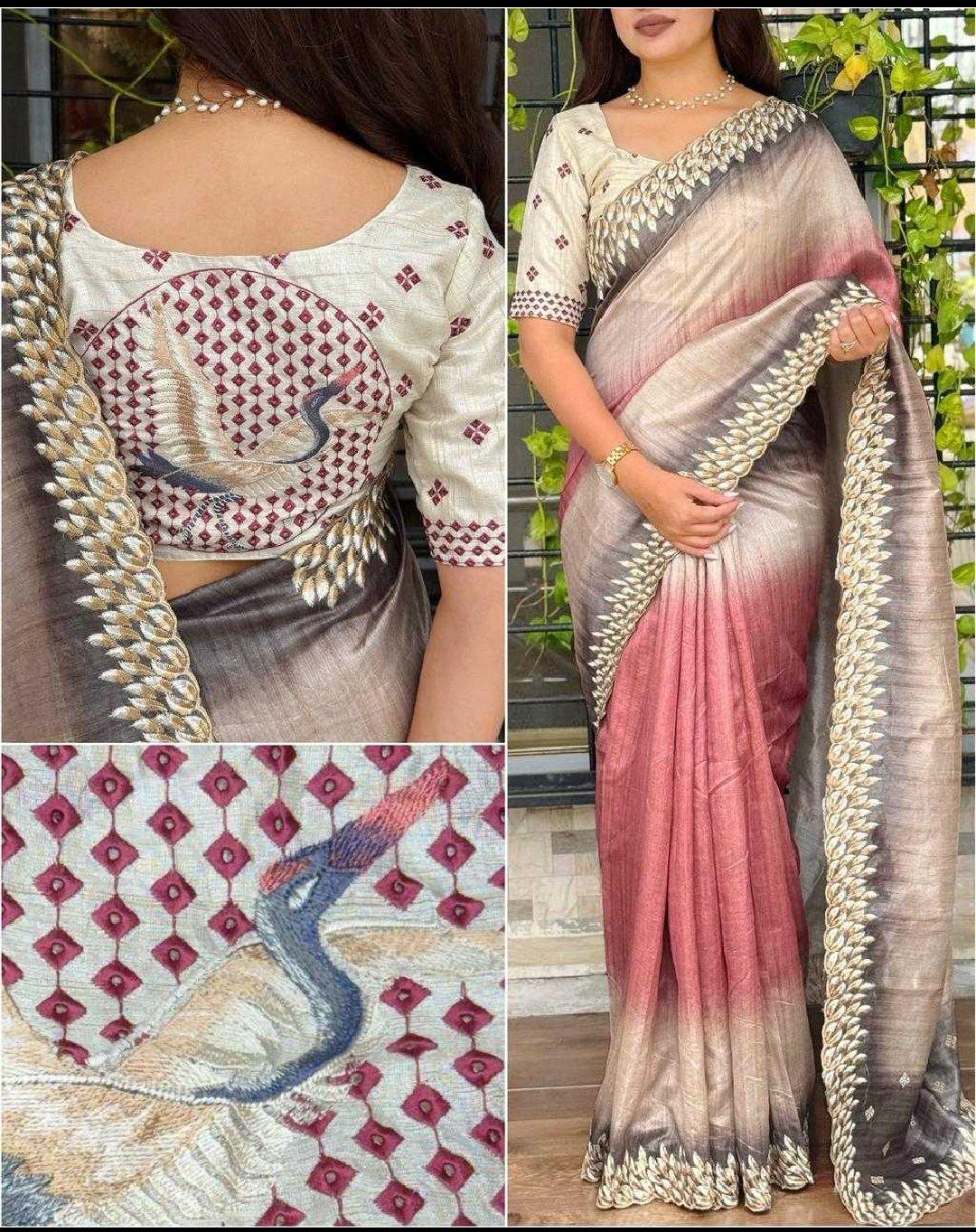 Pink Flamingo Embroidered Tussar Silk Designer Saree with Digital Print & Thread Work Blouse | House of ViDi - House of ViDi