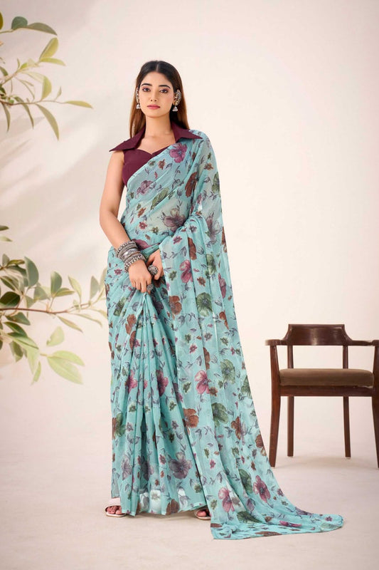 Blue Floral Viscose Brasso Designer Saree with Natural Silk Blouse | Festive Wear | House of ViDi