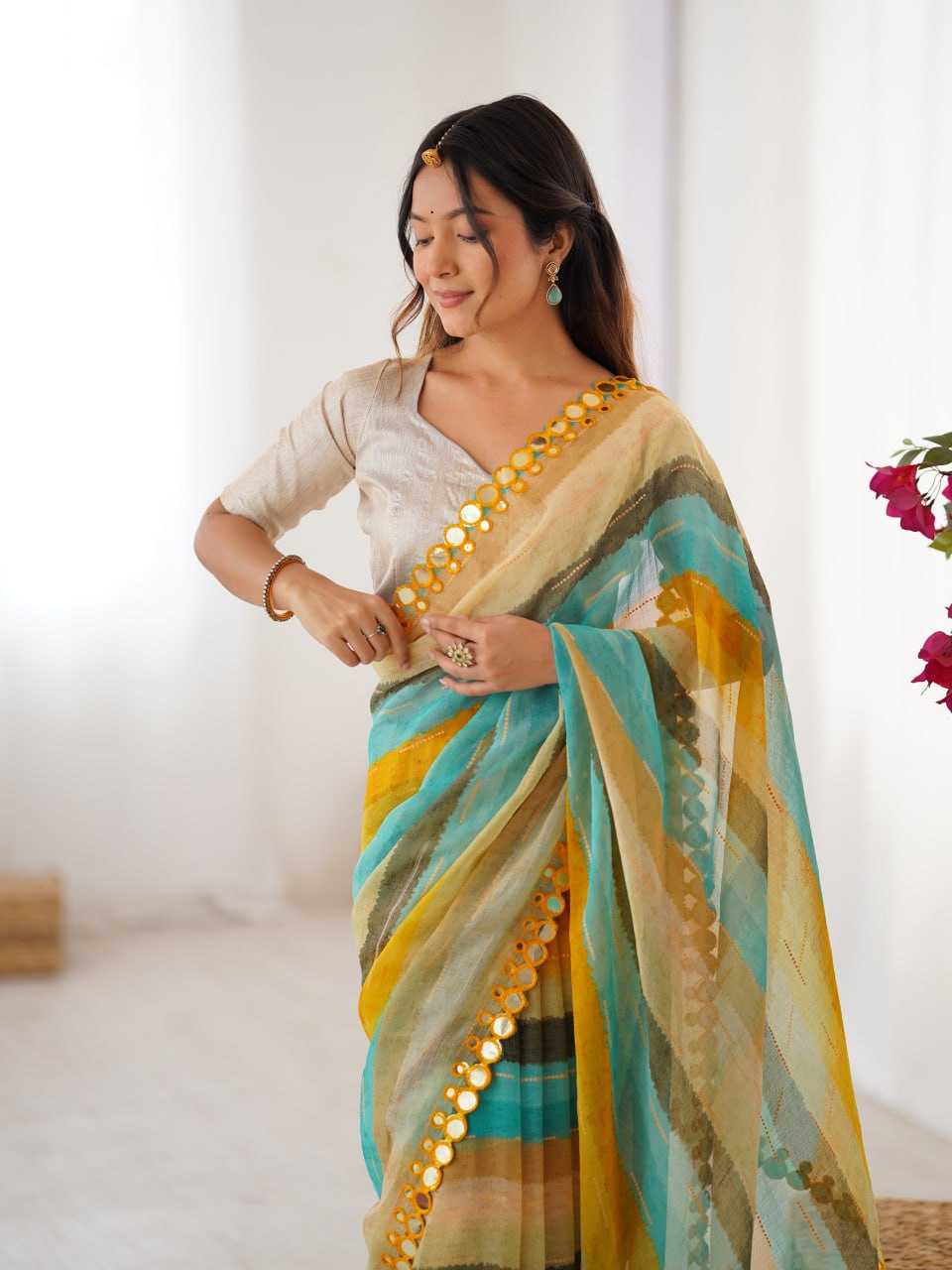 Yellow Heavy Marble Chiffon Lehriya Print Saree with Zari & Mirror Border – Elegant Festive & Party Wear Saree