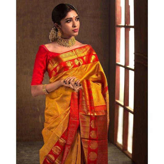 Soft Lichi Silk Saree with Rich Jacquard Weaving & Contrast Border – Perfect for Weddings & Festive Wear [Mustard Gold] - House of ViDi