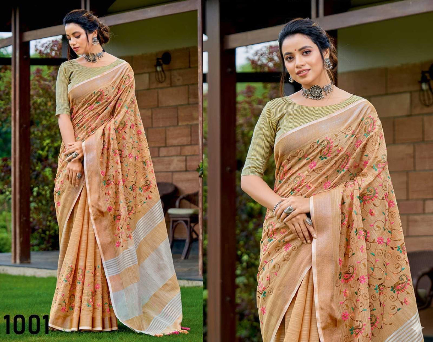 Orange Linen Saree with Kashmiri Embroidery & Matching Blouse | Designer Party Wear Saree - House of ViDi