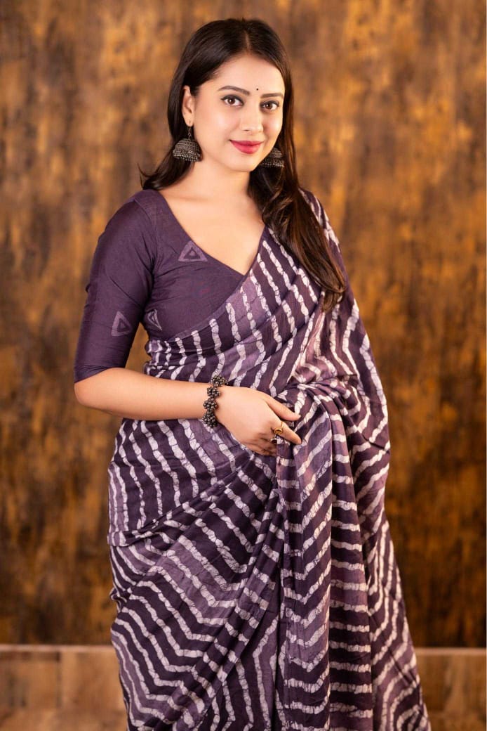 Purple Chanderi Cotton Bagru Batik Printed Saree with Zig Zag Motifs & Tassel Pallu | House of ViDi
