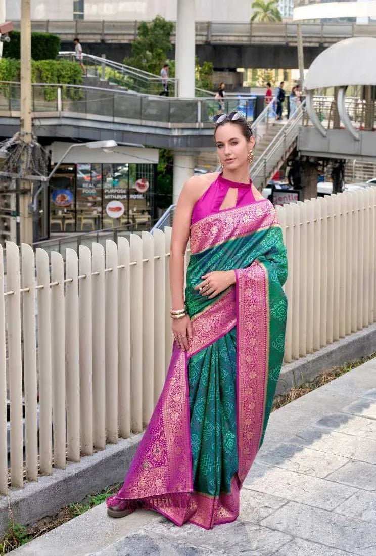 Green Soft Silk Saree with Bandhani Weaving & Traditional Border | Designer Fancy Saree - House of ViDi