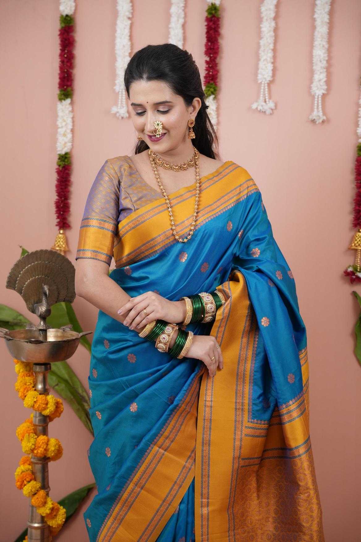 Narayanpet Soft Silk Saree with Zari Motifs & Contrast Pallu – Narayan Border & Contrast Blouse [Blue] - House of ViDi