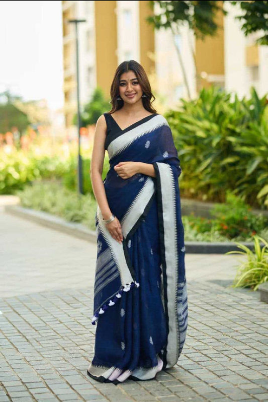 Navy Blue Premium Linen Cotton Digital Print Saree with Matching Blouse - House of ViDi