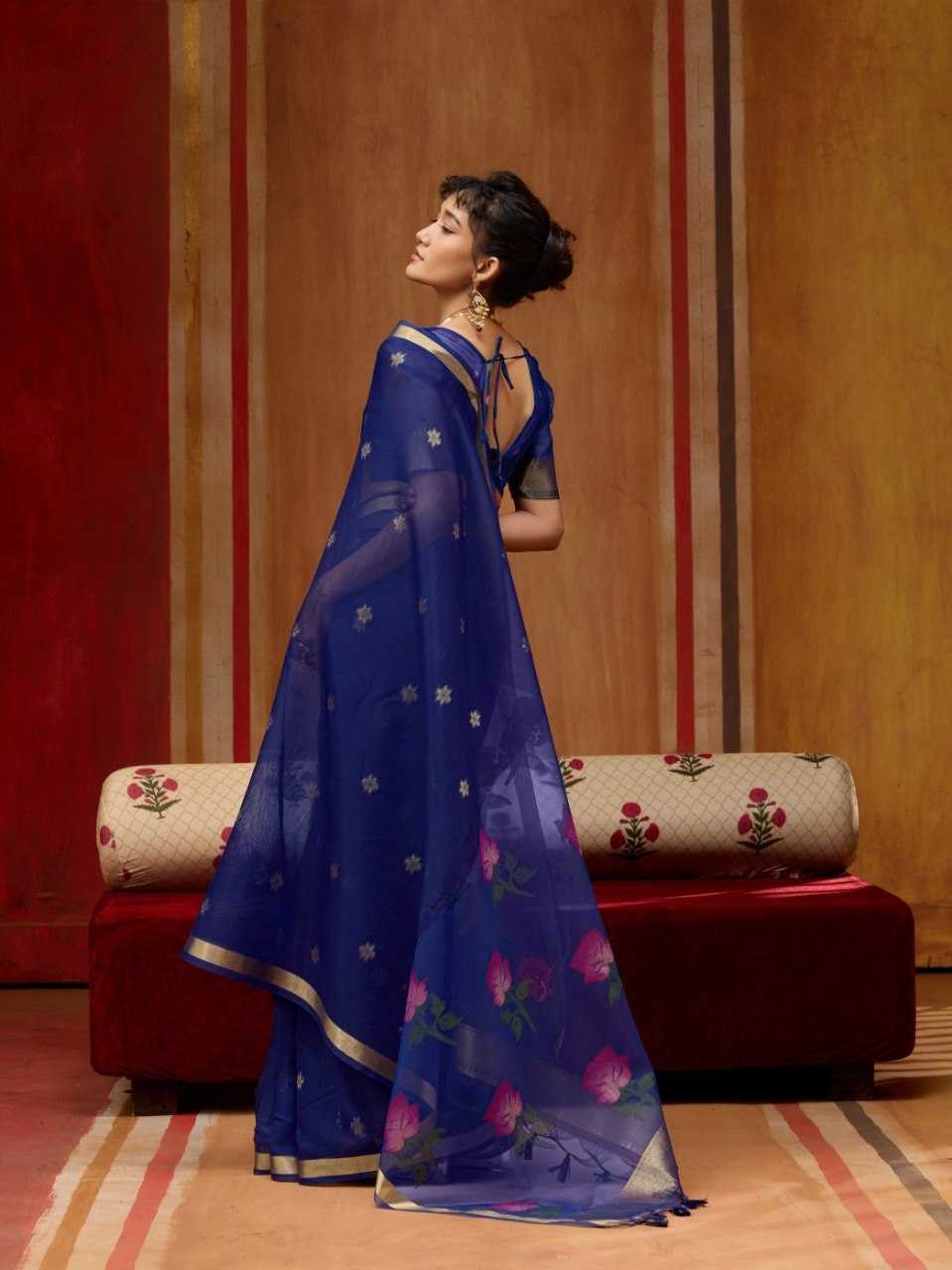 Blue Handloom Silk Saree with Organza Pallu & Woven Design - House of ViDi