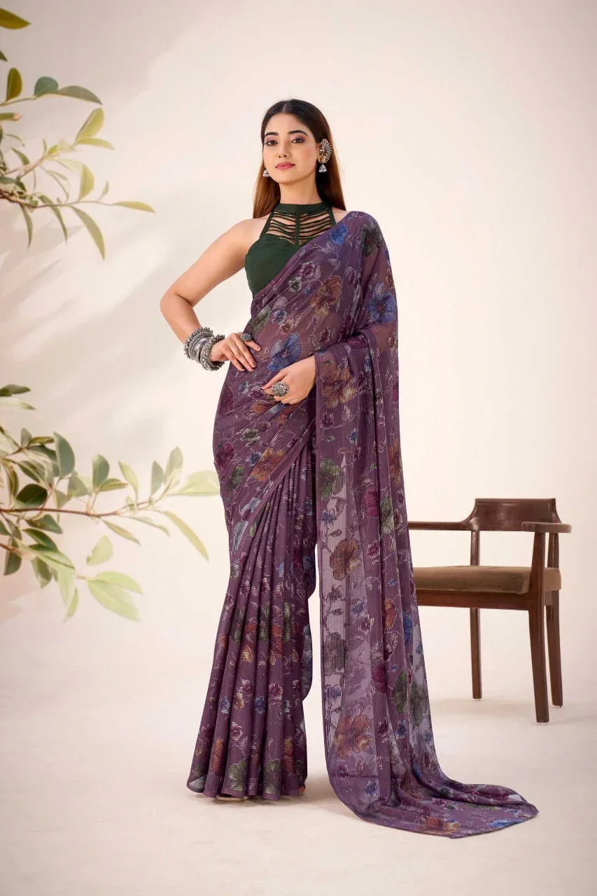 Purple Floral Viscose Brasso Designer Saree with Natural Silk Blouse | Festive Wear | House of ViDi - House of ViDi