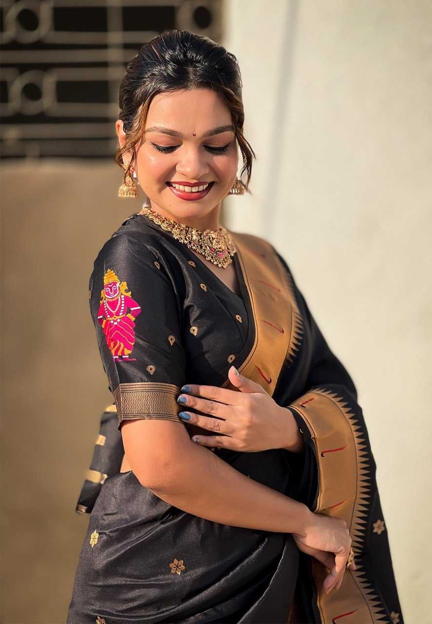 Vitthala Paithani Silk Saree with Muniya Border & Brocade Blouse – Traditional Wedding & Festive Wear [Black] - House of ViDi