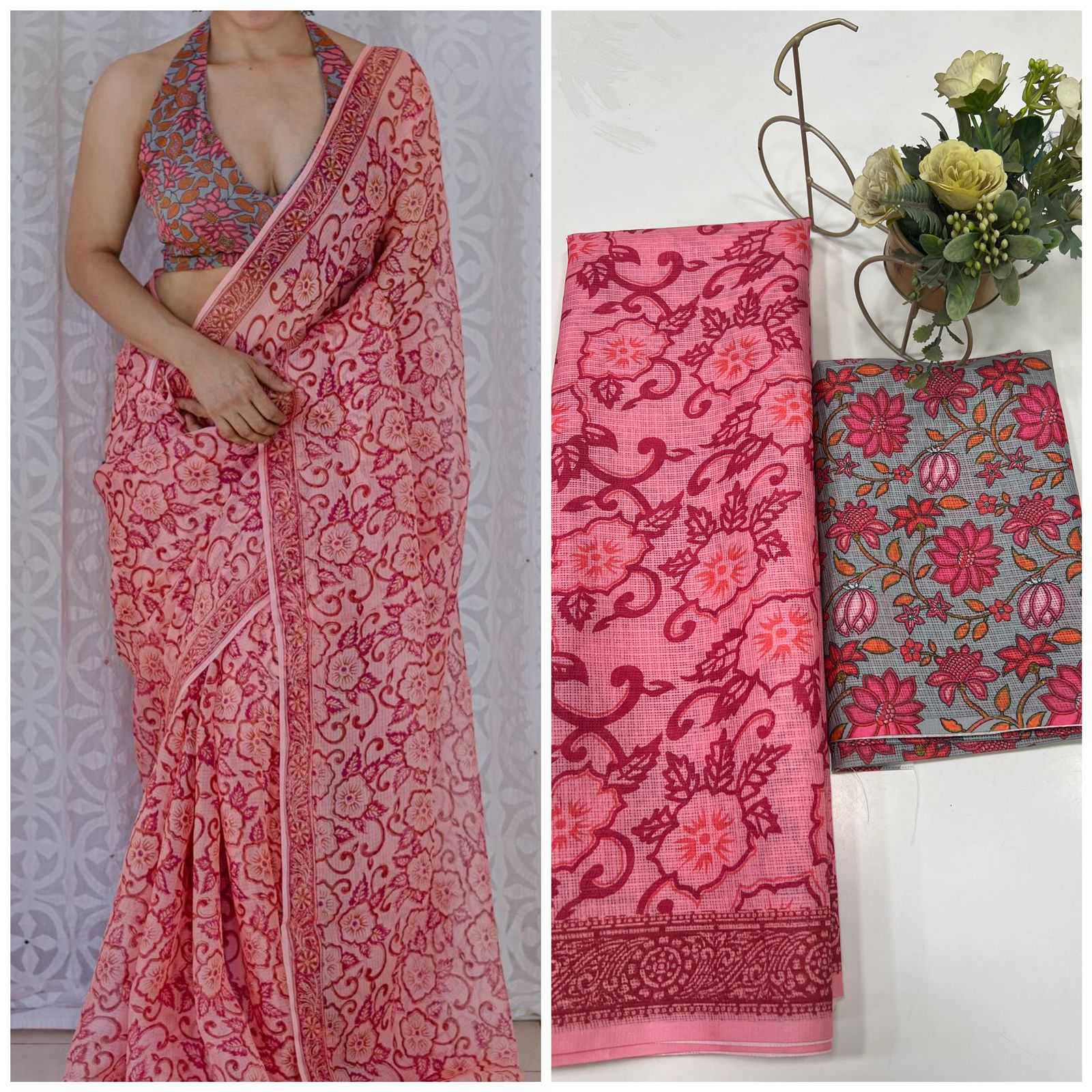 Pink Soft Kota Cotton Printed Saree with Contrast Blouse - House of ViDi