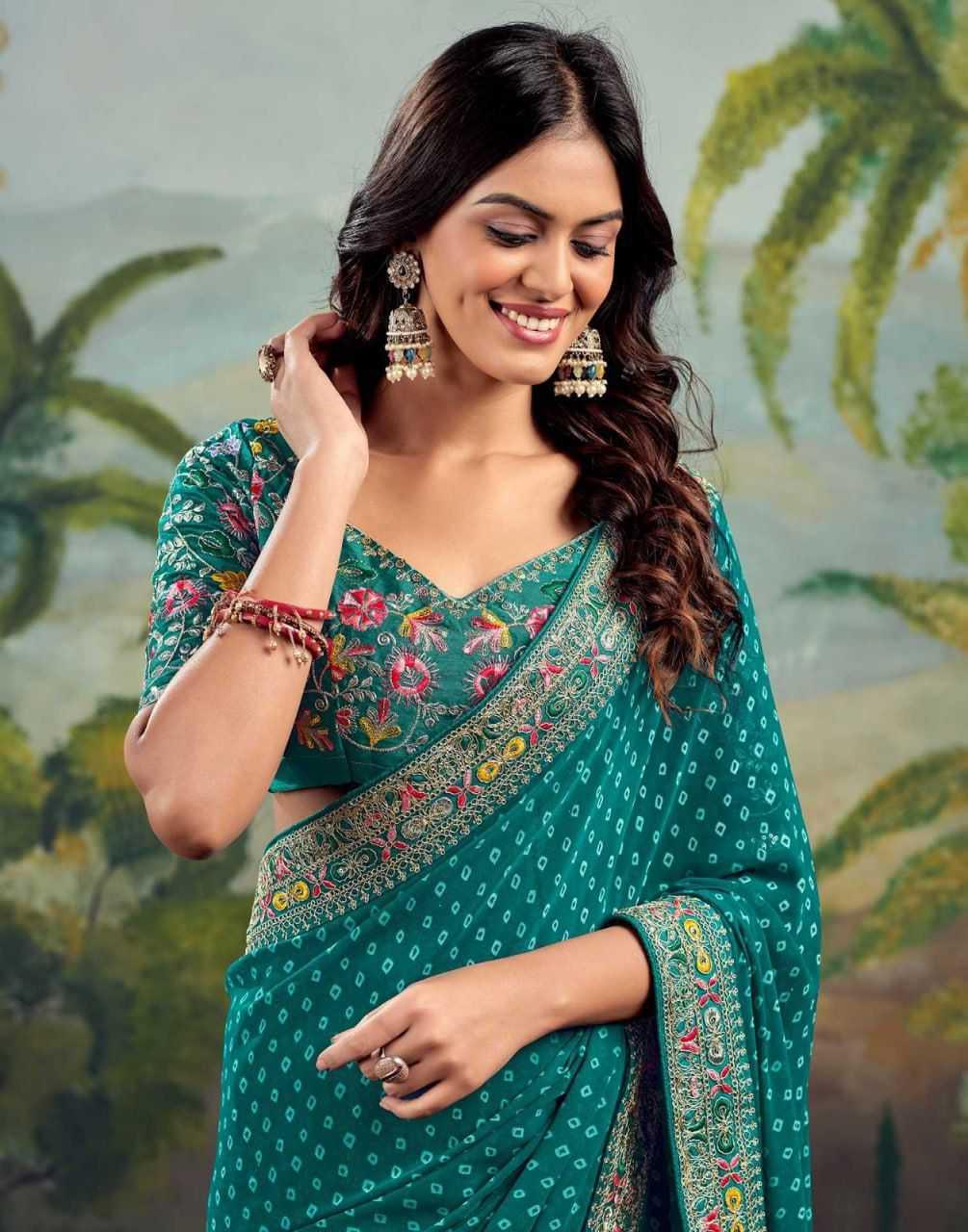 Rama Green Printed Georgette Saree with Embroidery Lace Border & Designer Blouse - House of ViDi