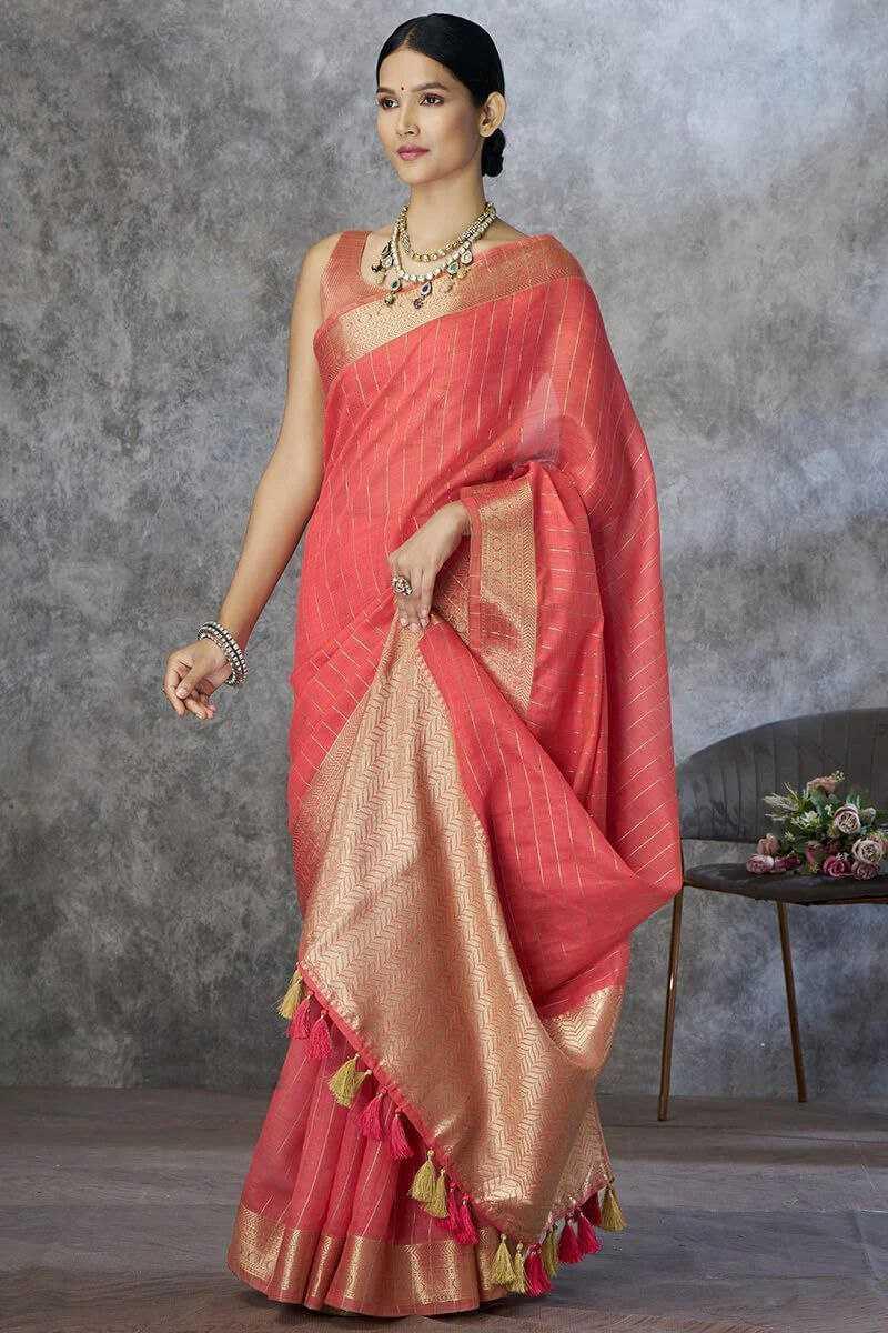 Gajri Pure Khadi Cotton Handloom Saree with Rich Pallu & Tassel Detailing | Designer Traditional Saree - House of ViDi