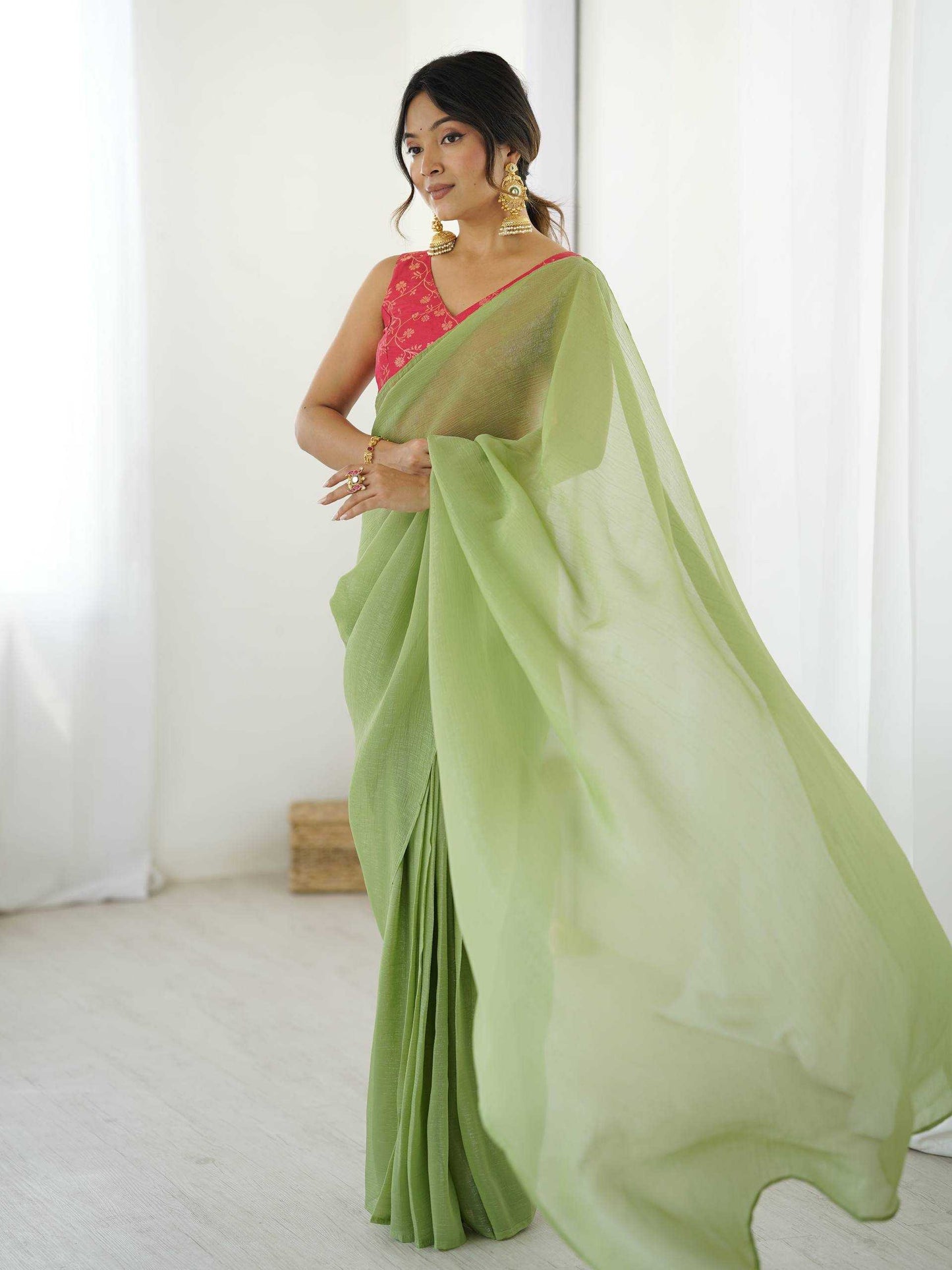 Pista Green Sparkle Silk Ready-to-Wear Saree with Banarasi Blouse | House of ViDi