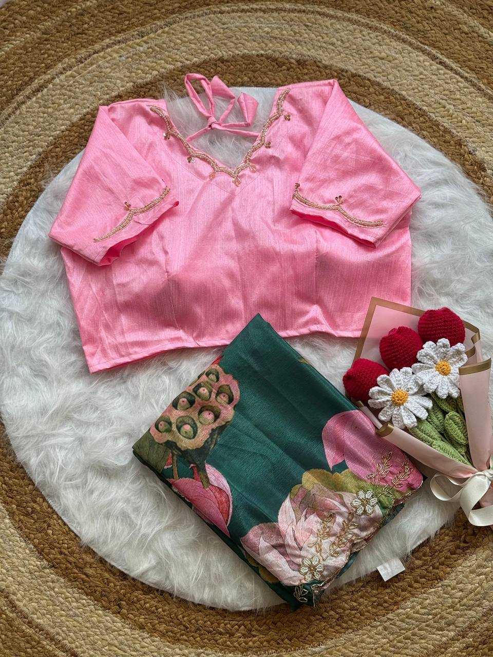 Manju Warrier Inspired Soft Chinon Handwork Printed Designer Saree [Deep Green]