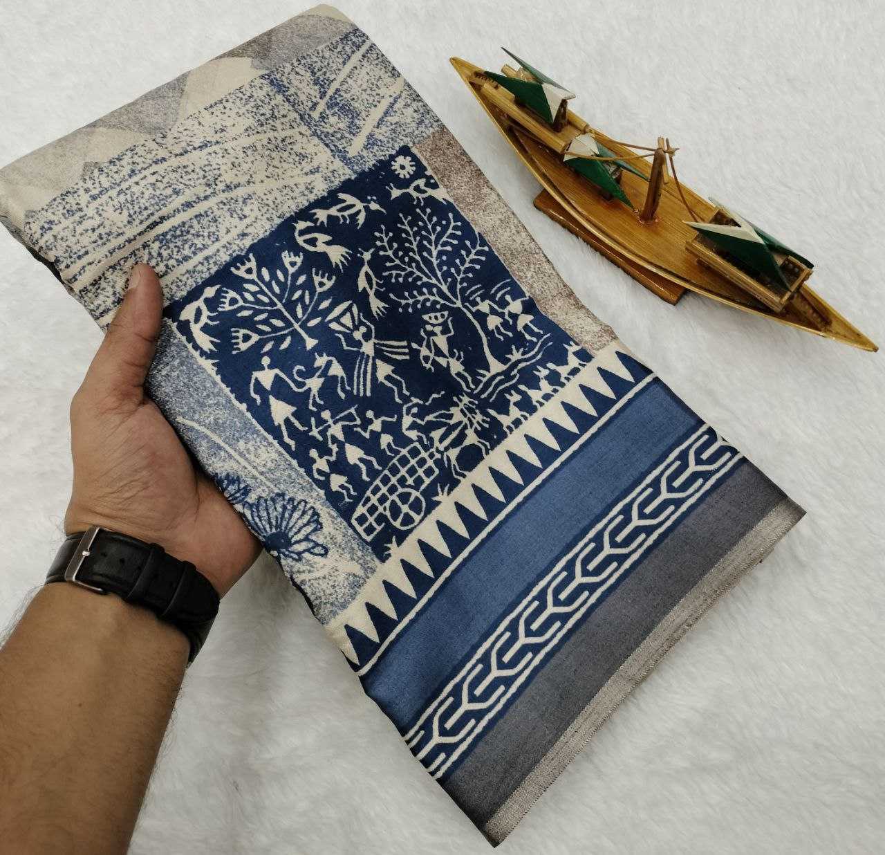 Blue Warli x Kalamkari Edition Soft Silk Saree with Designer Pallu & Zari Border – Premium Soft Silk Saree