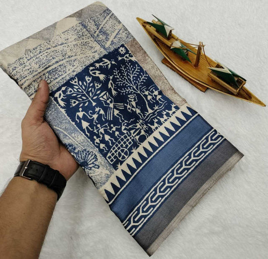 Blue Warli x Kalamkari Edition Soft Silk Saree with Designer Pallu & Zari Border – Premium Soft Silk Saree