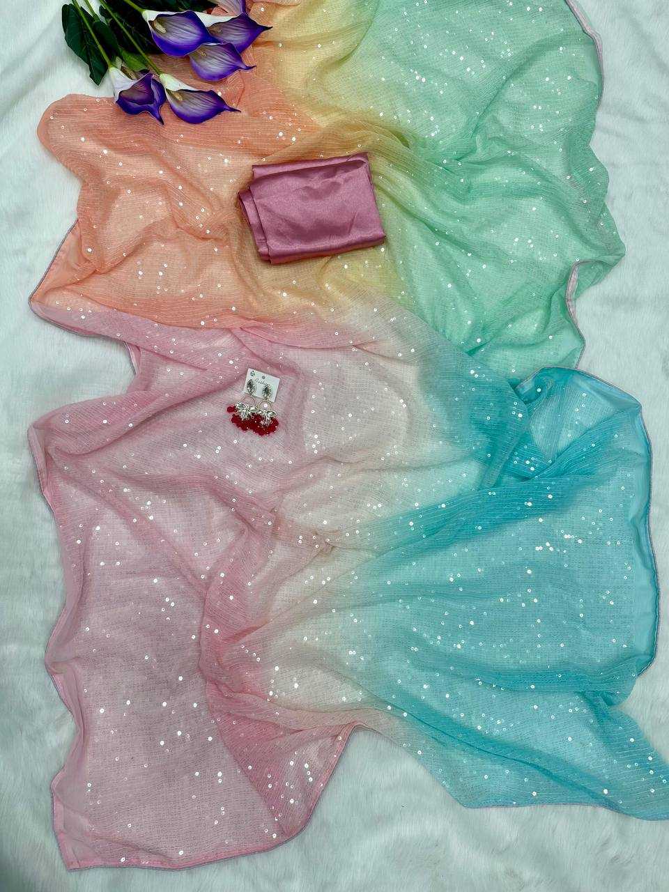 Pastel Mint Green Digital Printed Georgette Sequin Work Saree with Satin Silk Blouse